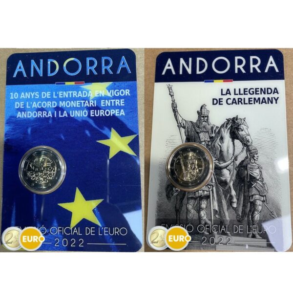 2 x 2 euros Andorra 2022 - Acuerdo monetario UE + Leyenda de Carlomagno BU FDC Coincard