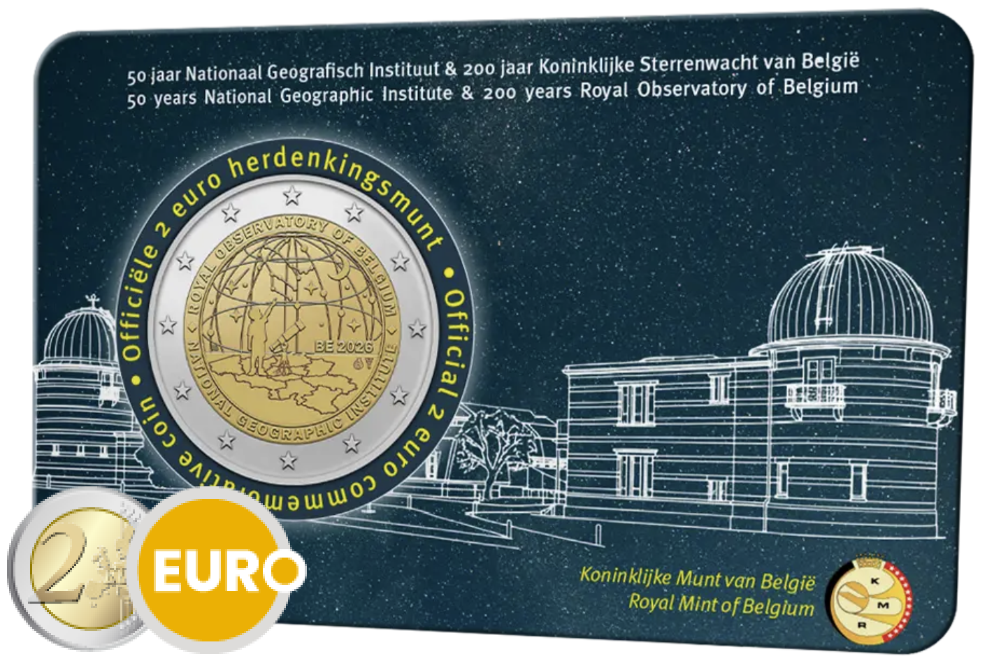 2 euro België 2026 - Nationaal Geografisch Instituut en Koninklijke Sterrenwacht BU FDC Coincard NL
