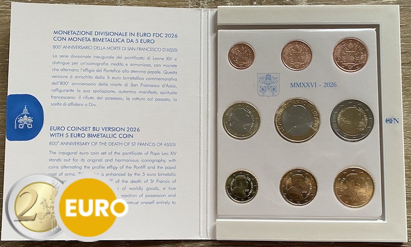Euro set BU FDC Vaticaan 2026 + 5 euro Franciscus van Assisi