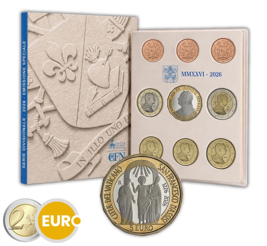 Euro set BU FDC Vaticaan 2026 + 5 euro Franciscus van Assisi